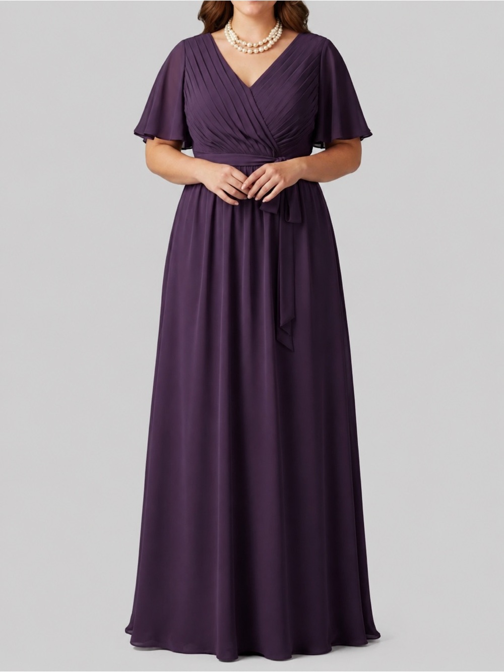 Purple Formal Dress Flutter Sleeve Maxi Medium Large
